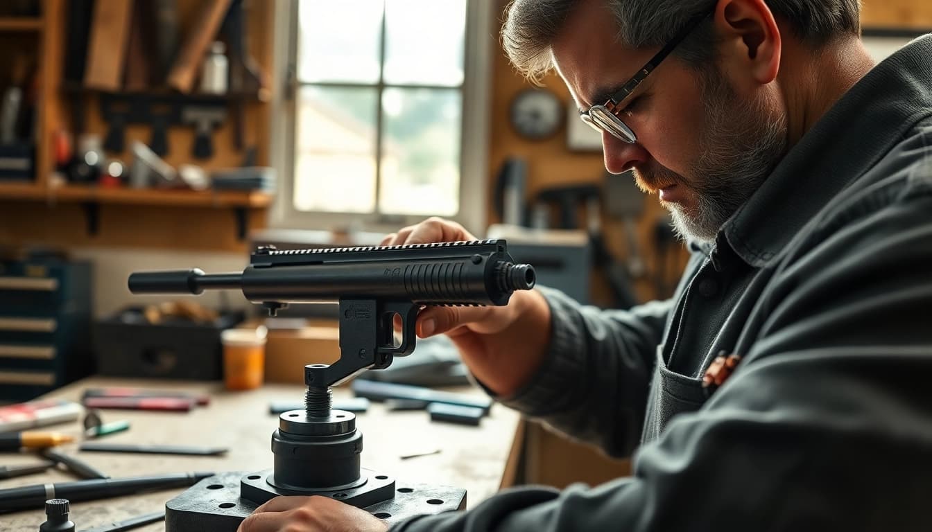 Expertly using a pf940v2 jig for precision gunsmithing in a workshop setting.