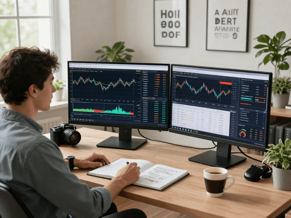 MetaTrader 5交易平台界面展示，交易者在现代化办公空间中进行金融分析，展示活跃的市场图表与交易数据。