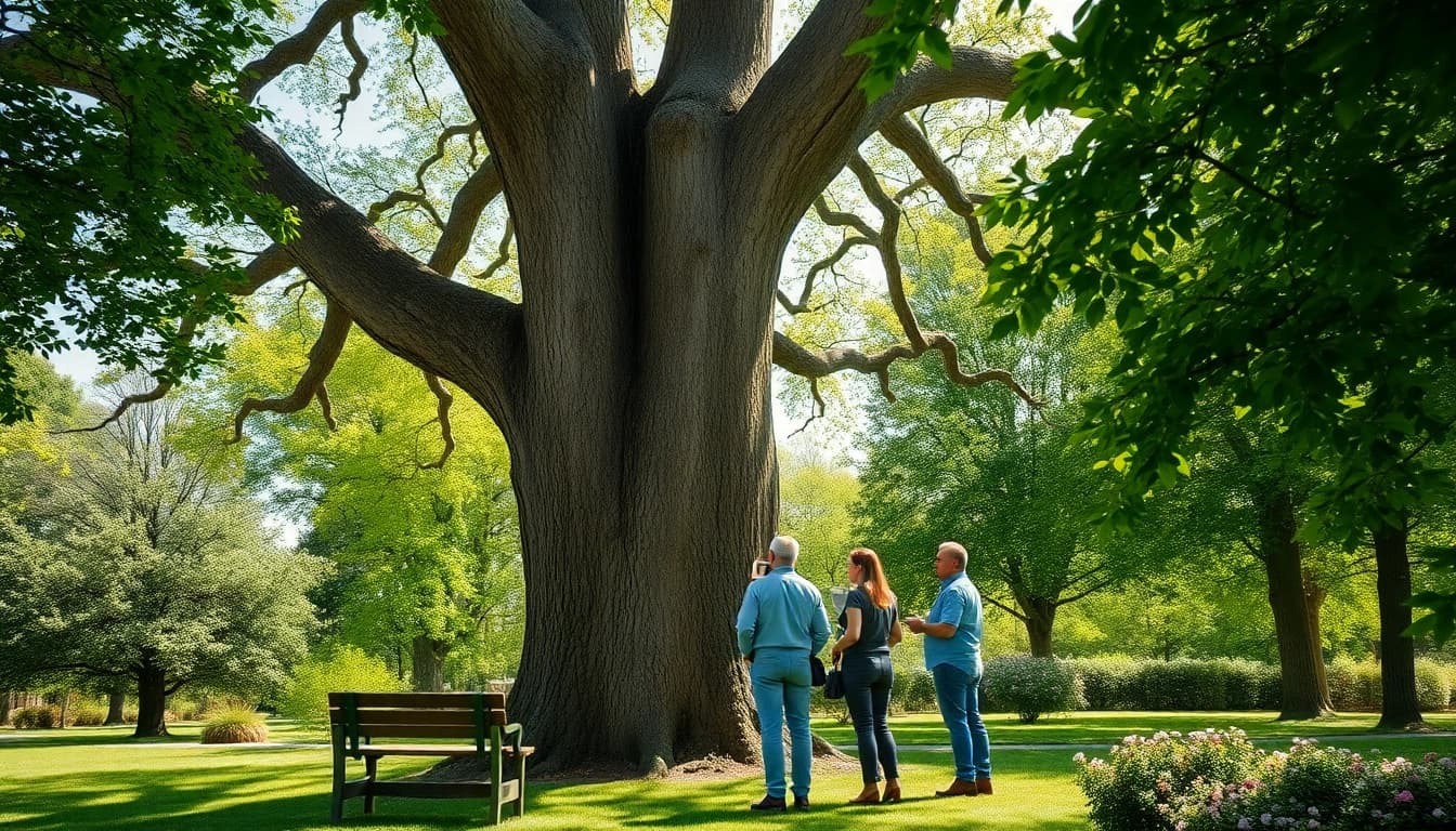 Tree Consultancy team evaluates a healthy oak tree amidst vibrant greenery and flowers.