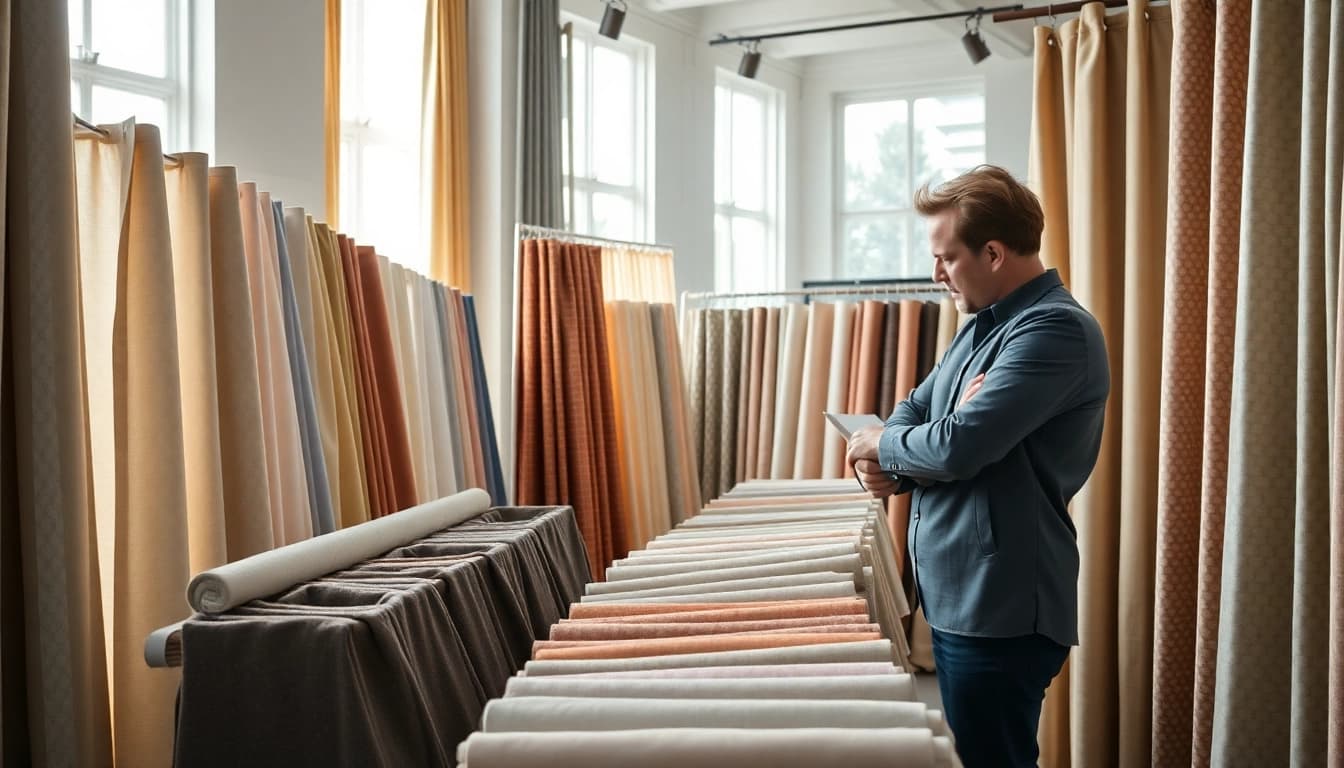 Gordijnstof kopen online: Kleurijke gordijnstoffen tentoonstellingen in een stijlvolle showroom.