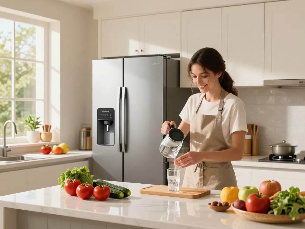 Waterdrop MSWF Refrigerator Water Filter in use in a modern kitchen environment with fresh produce.