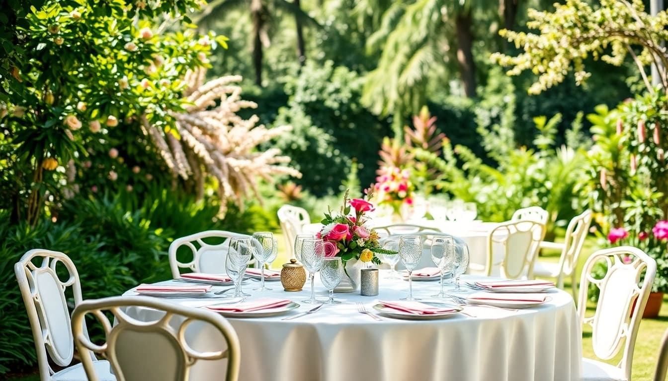 Experience stylish Table & Chair Rentals in a serene garden ambiance adorned with vibrant decorations.