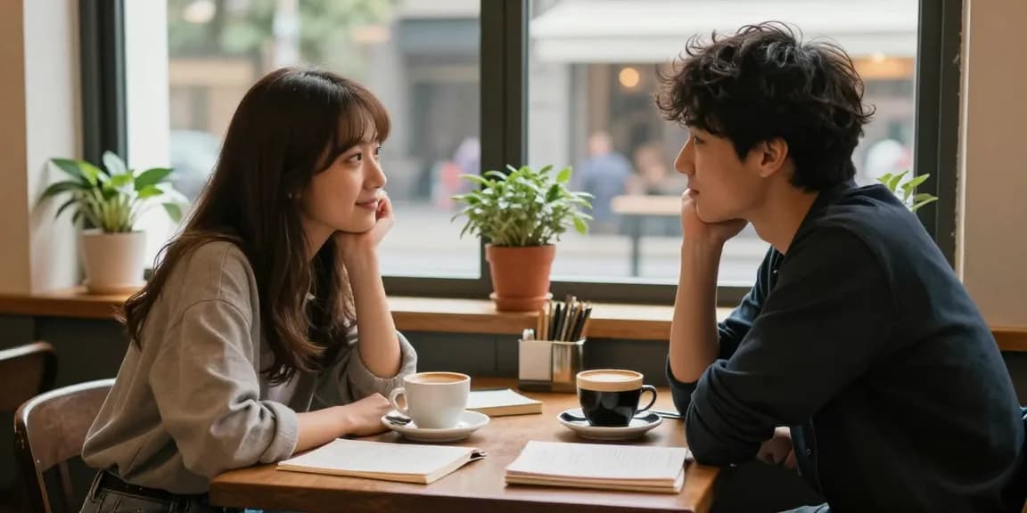 Youthful café scene illustrating the feeling of having a crush on someone, highlighting warm interactions and inviting ambiance.