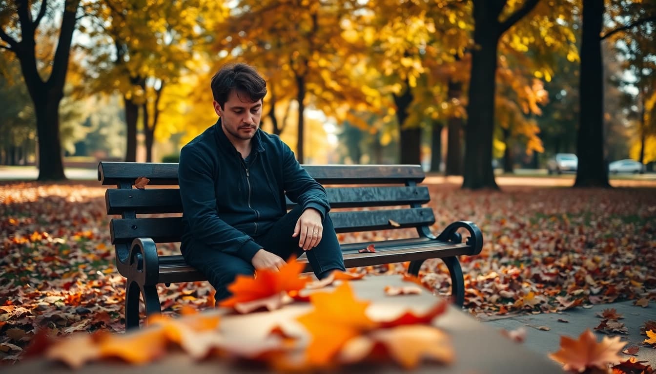 An emotional individual reflecting on their depression symptoms while seated on a park bench surrounded by autumn leaves.