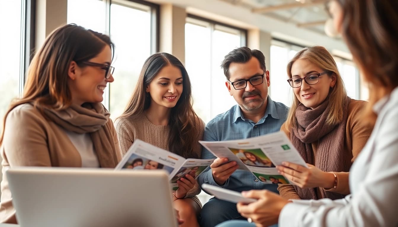 Evaluate life insurance options with a family in a warm, professional setting.