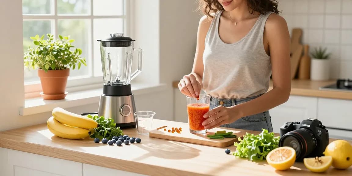 Preparing a refreshing smoothie with astaxanthin softgels in a bright kitchen.