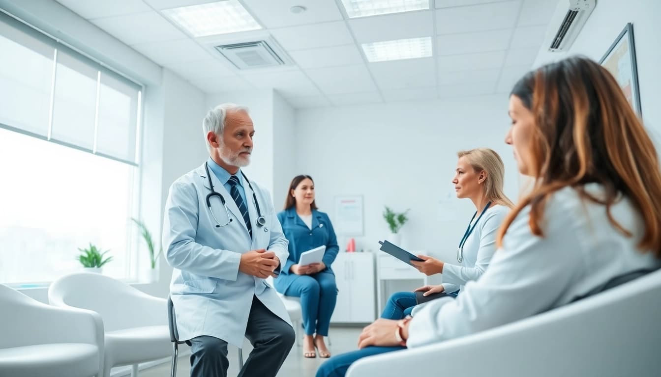 Engaging interaction between a patient and a private GP in a welcoming clinic setting.