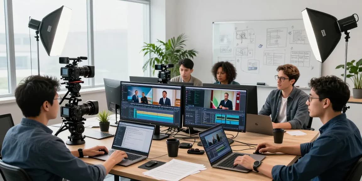 Corporate Video Production team reviewing vibrant footage in a modern studio