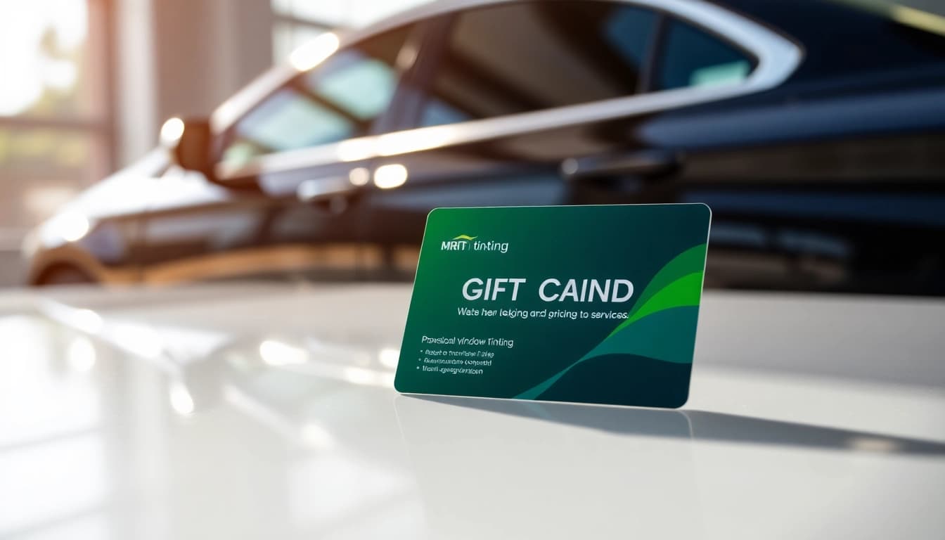 Showcasing a window tint gift card on a reflective surface alongside a beautifully tinted car.