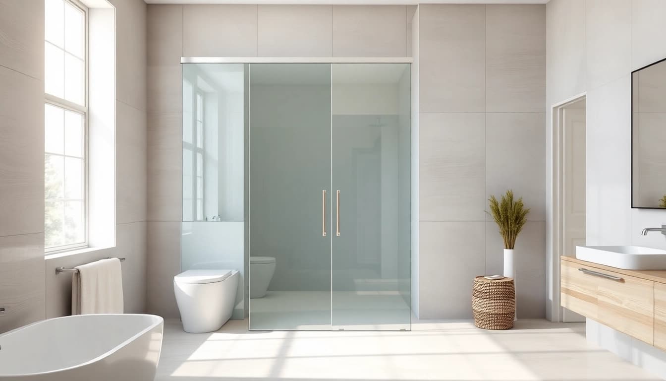 Stylish shower sliding doors featured in a contemporary bathroom setting.