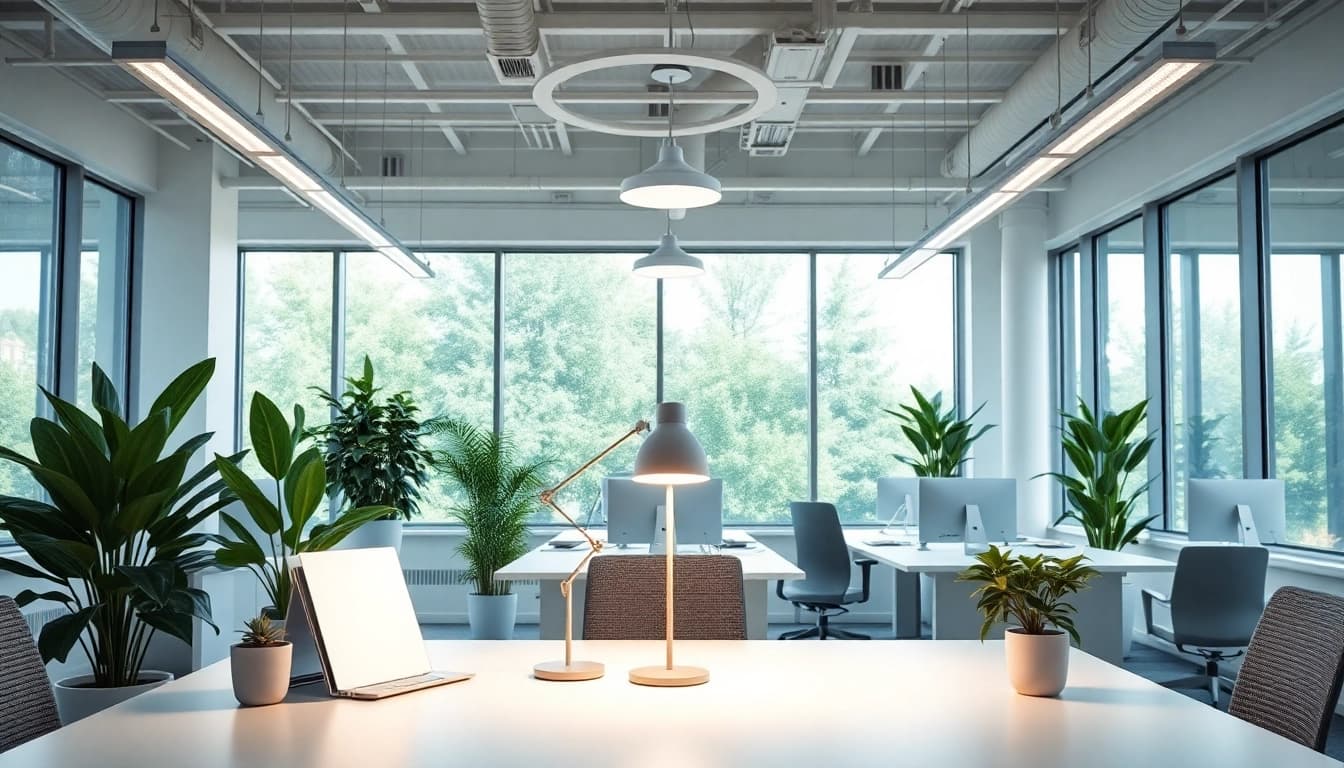 Showcasing innovative lighting solutions illuminating a modern office space with stylish fixtures.