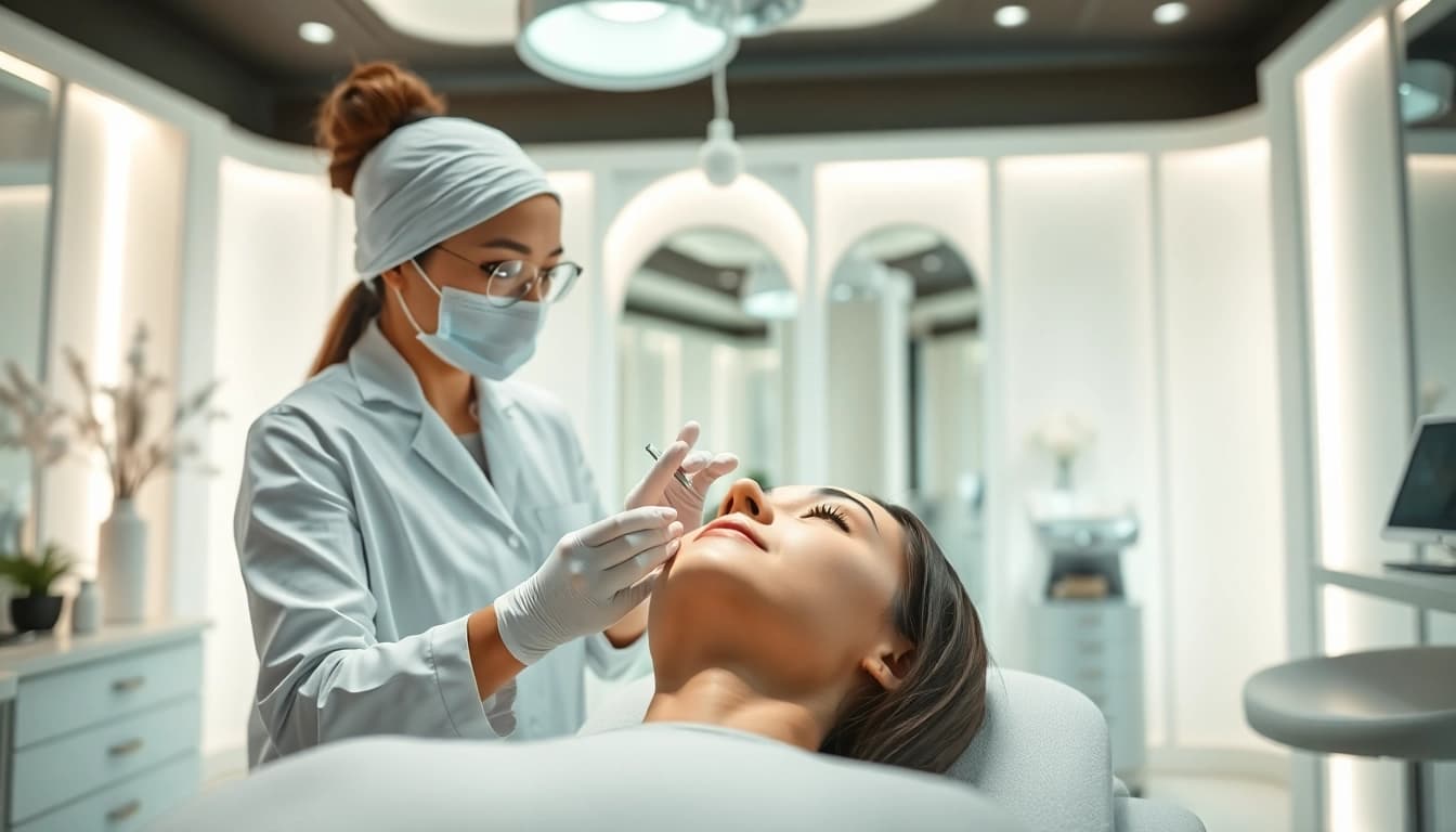Clinician performing aesthetic treatments focused on skincare in a calming clinic setting.