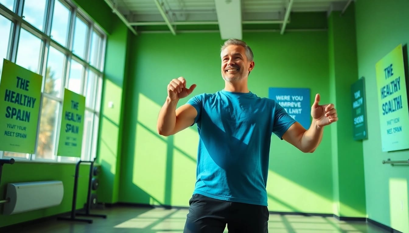 Showcase fitness coach promoting exercises for enhancing healthspan in an energetic gym setting.