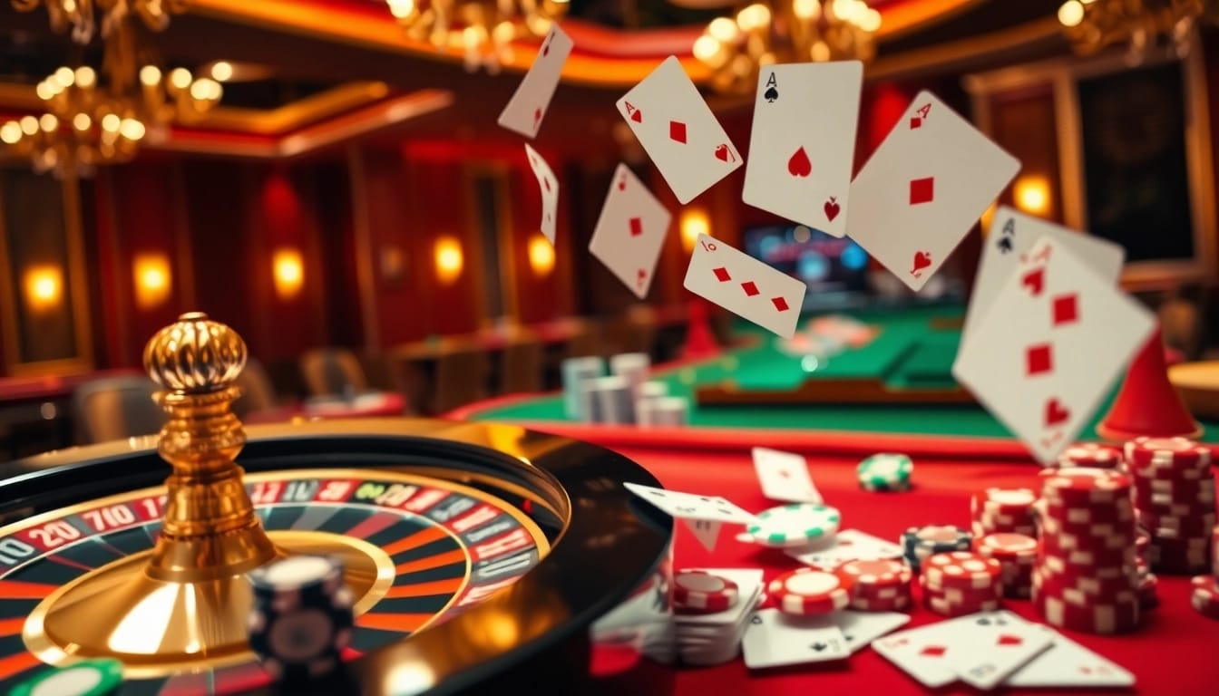 Scène captivante de casino en ligne argent réel France avec une roulette et des jetons de poker.