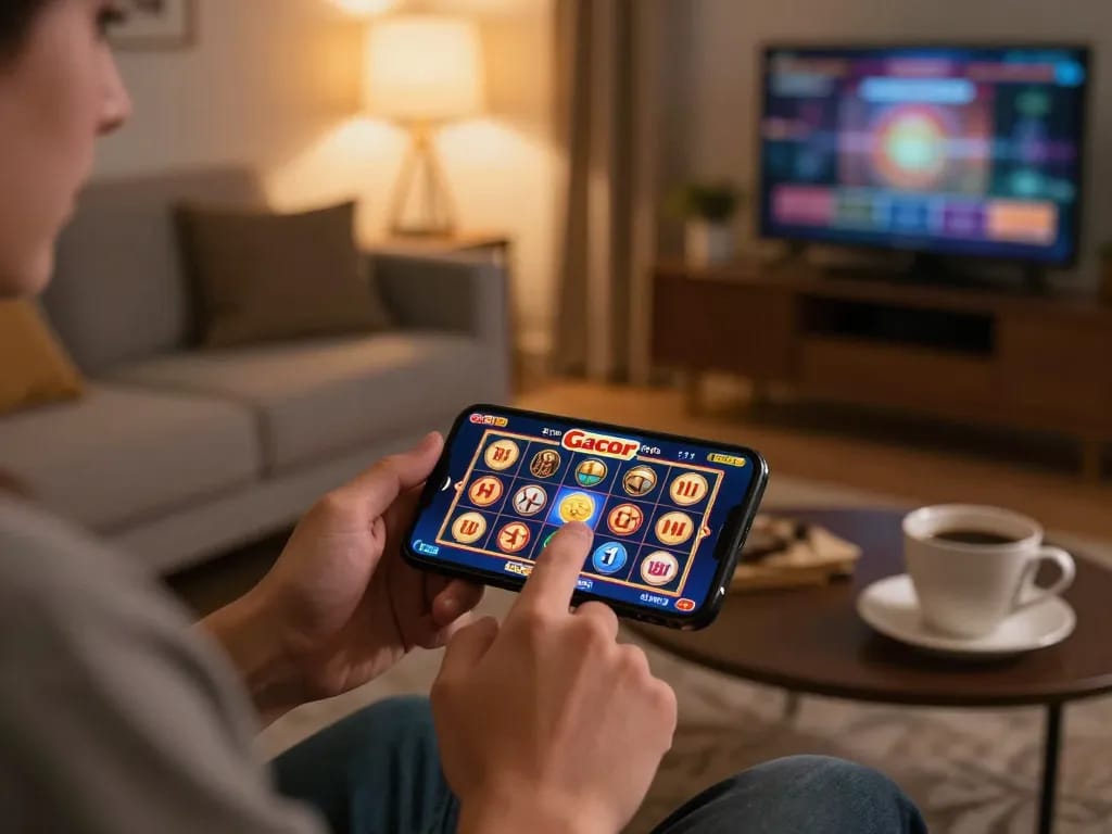 Engaging gameplay on slot gacor app showcased on smartphone in cozy home setting.