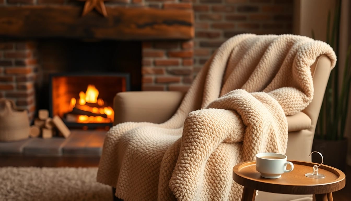 Geniet van een warme fleece deken op een comfortabele stoel bij de open haard.