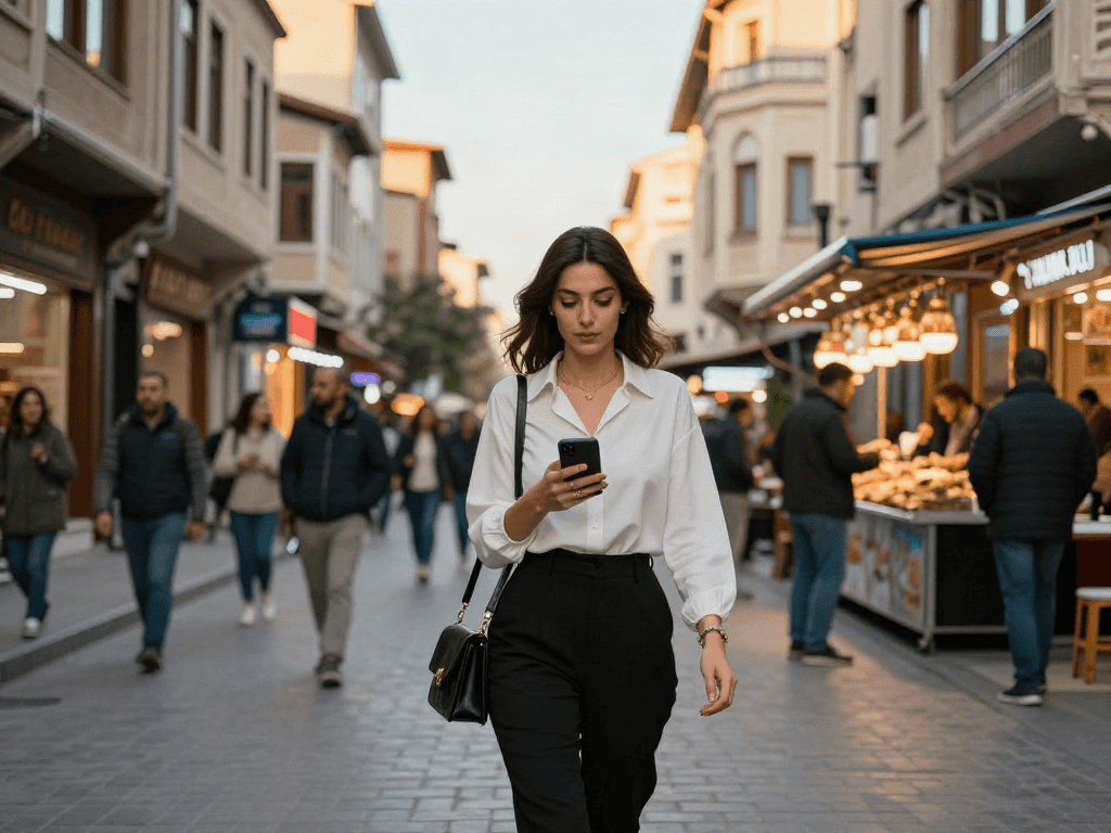 Diyarbakır escort kadın, hareketli şehir ortamında özgüvenle yürüyor.