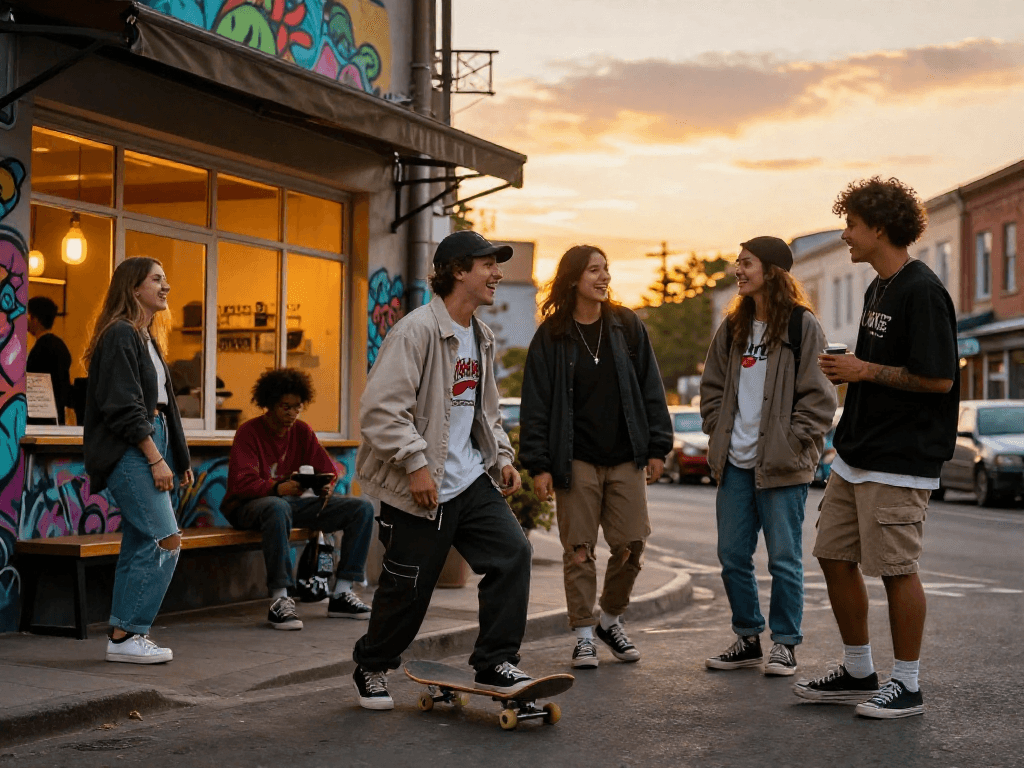 Friends enjoying their crush on each other while hanging out on an urban street at sunset.