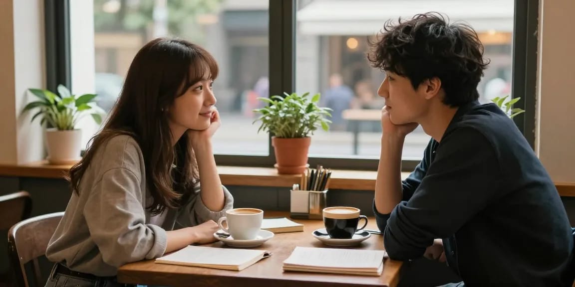 Youthful café scene illustrating the feeling of having a crush on someone, highlighting warm interactions and inviting ambiance.