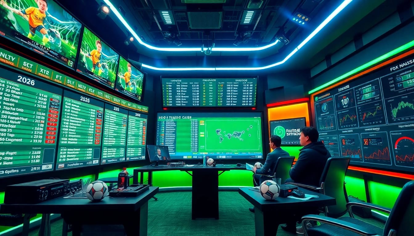 Kèo nhà cái live betting odds displayed in a modern sports analysis studio with analysts discussing strategies.