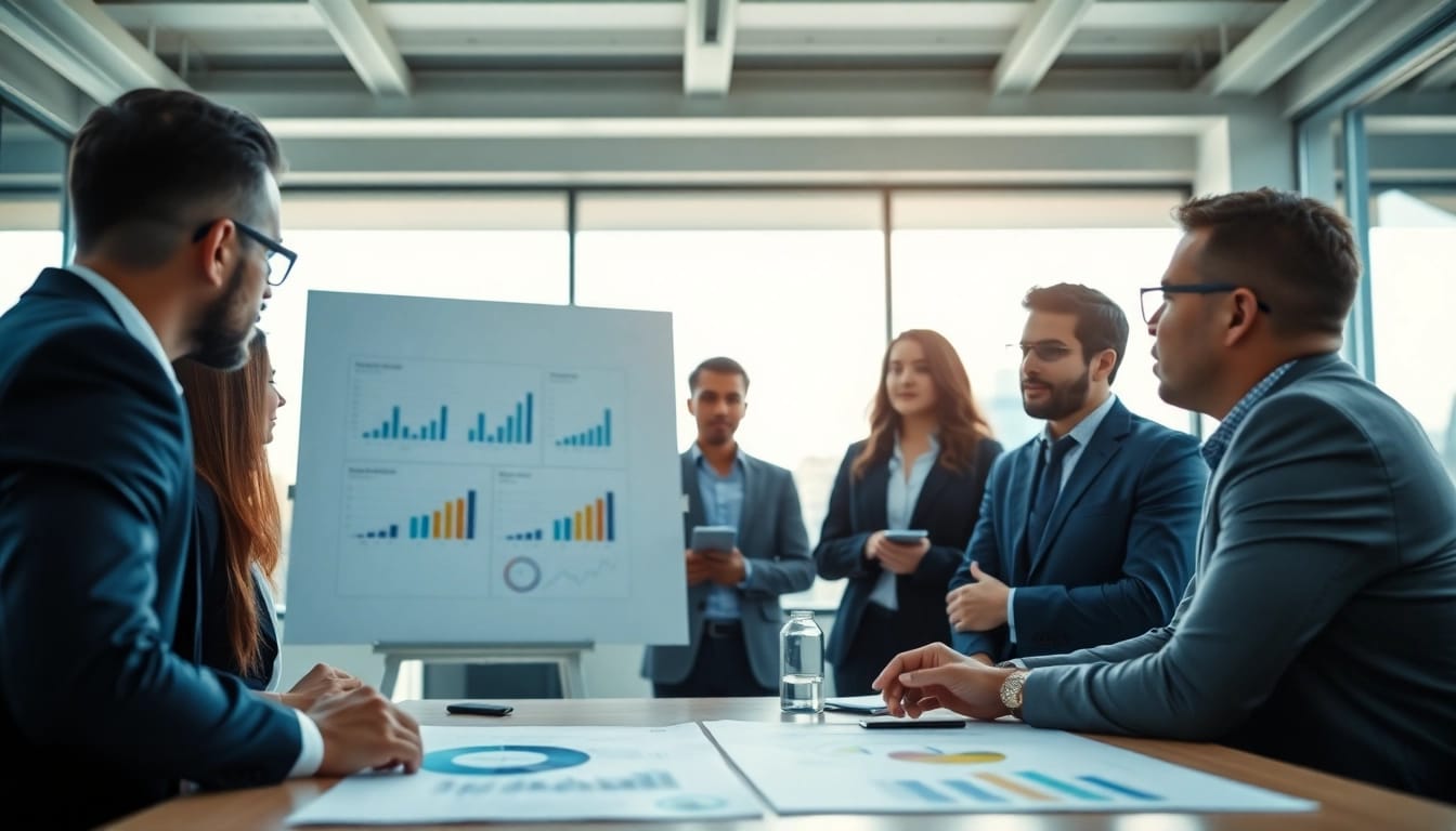 Analysts discussing competitor pricing strategies in a modern office setting.