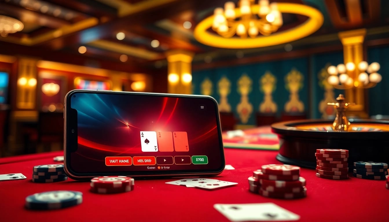 Engaging in a mobile porn game amidst a luxurious casino atmosphere with poker chips and cards.