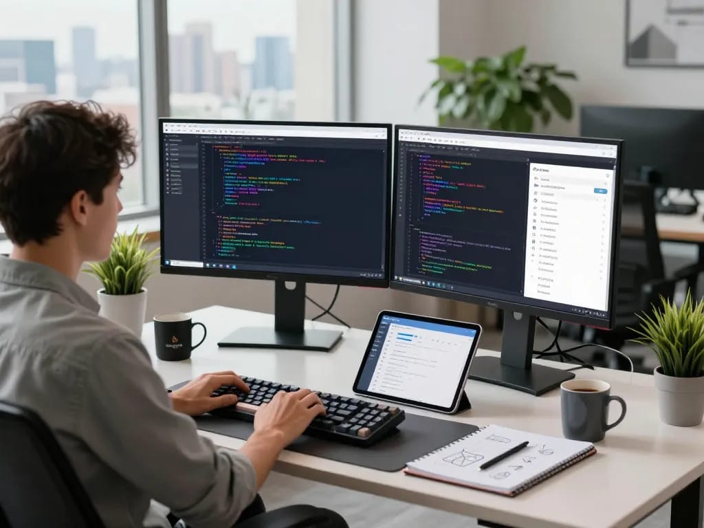 Developer using Telegram 电脑版 on dual monitors in a modern tech workspace, highlighting productivity and coding.