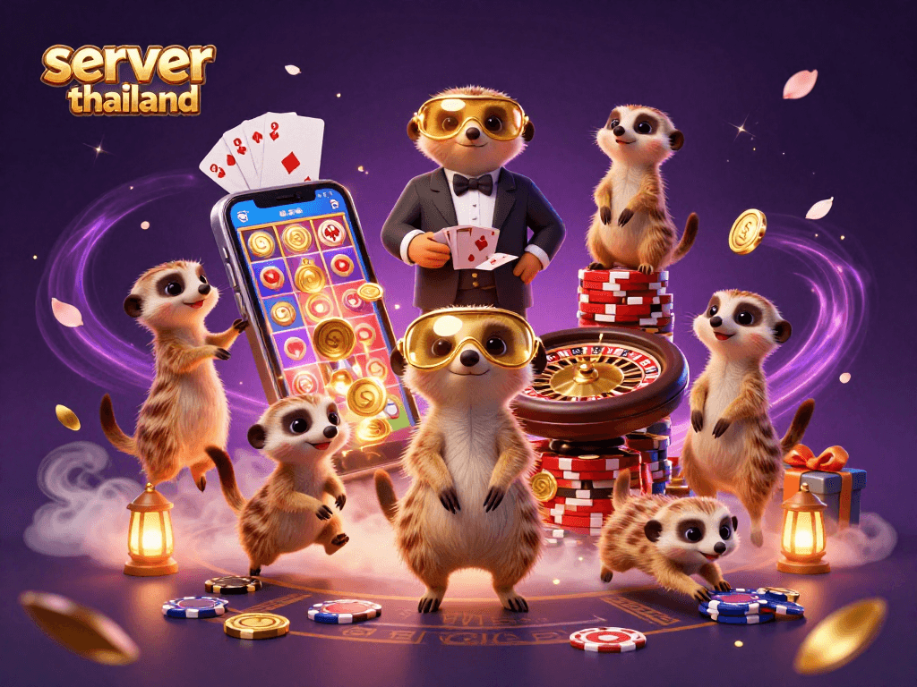 Engage with server thailand in this dynamic 3D illustration of meerkats operating a casino, featuring vibrant gaming elements.
