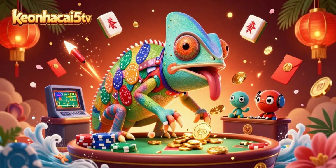Engaging scene showcasing vibrant chameleon character interacting with keonhacai5tv sports betting elements