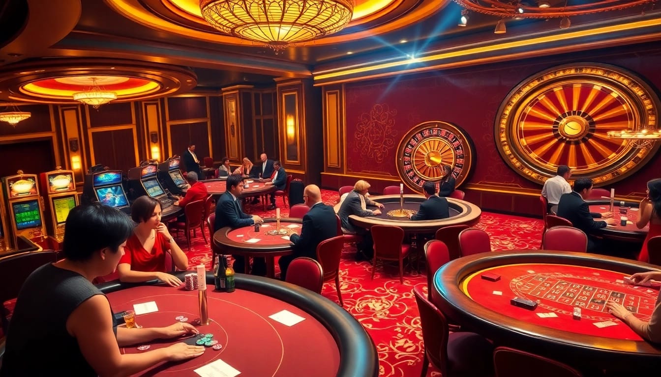 Action de jeu passionnante dans un luxueux casino en ligne France fiable avec des tables, des roulettes et des jetons de poker.
