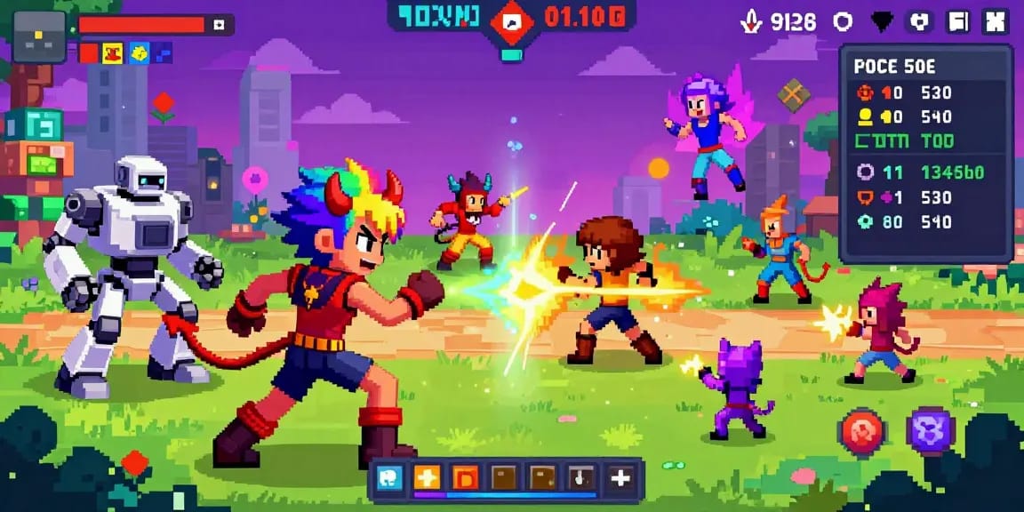 Exciting scene of diverse characters in action playing html porn games in a colorful digital world