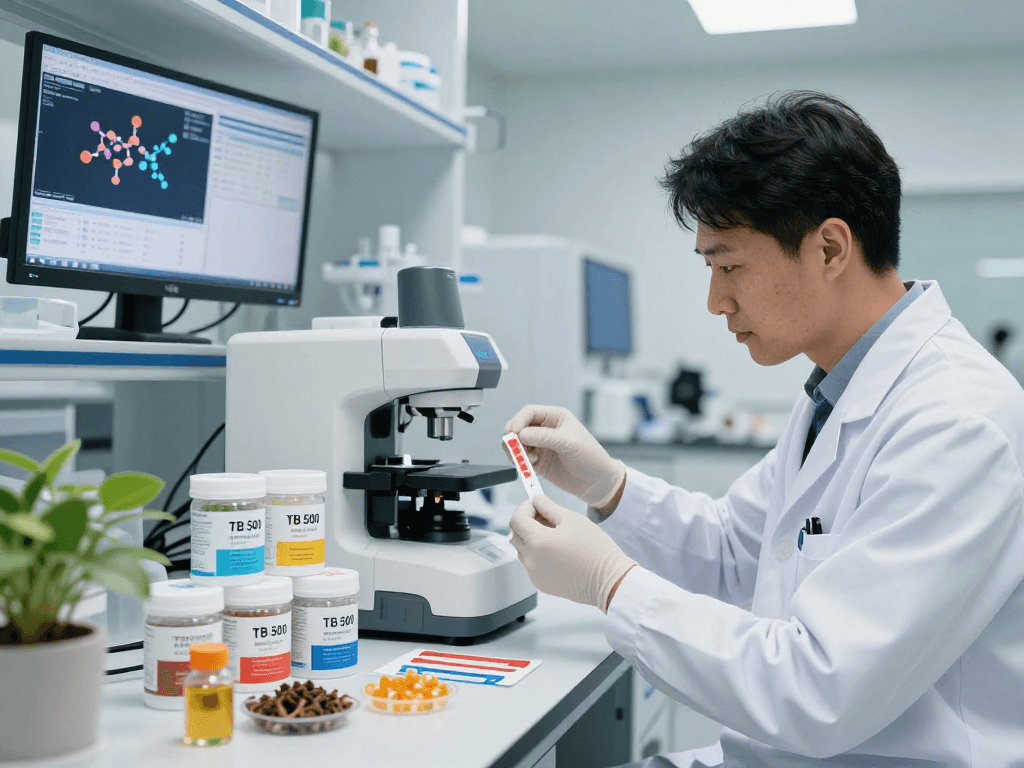 Scientist analyzing TB 500 Benefits in a modern lab, showcasing innovative buccal strips.