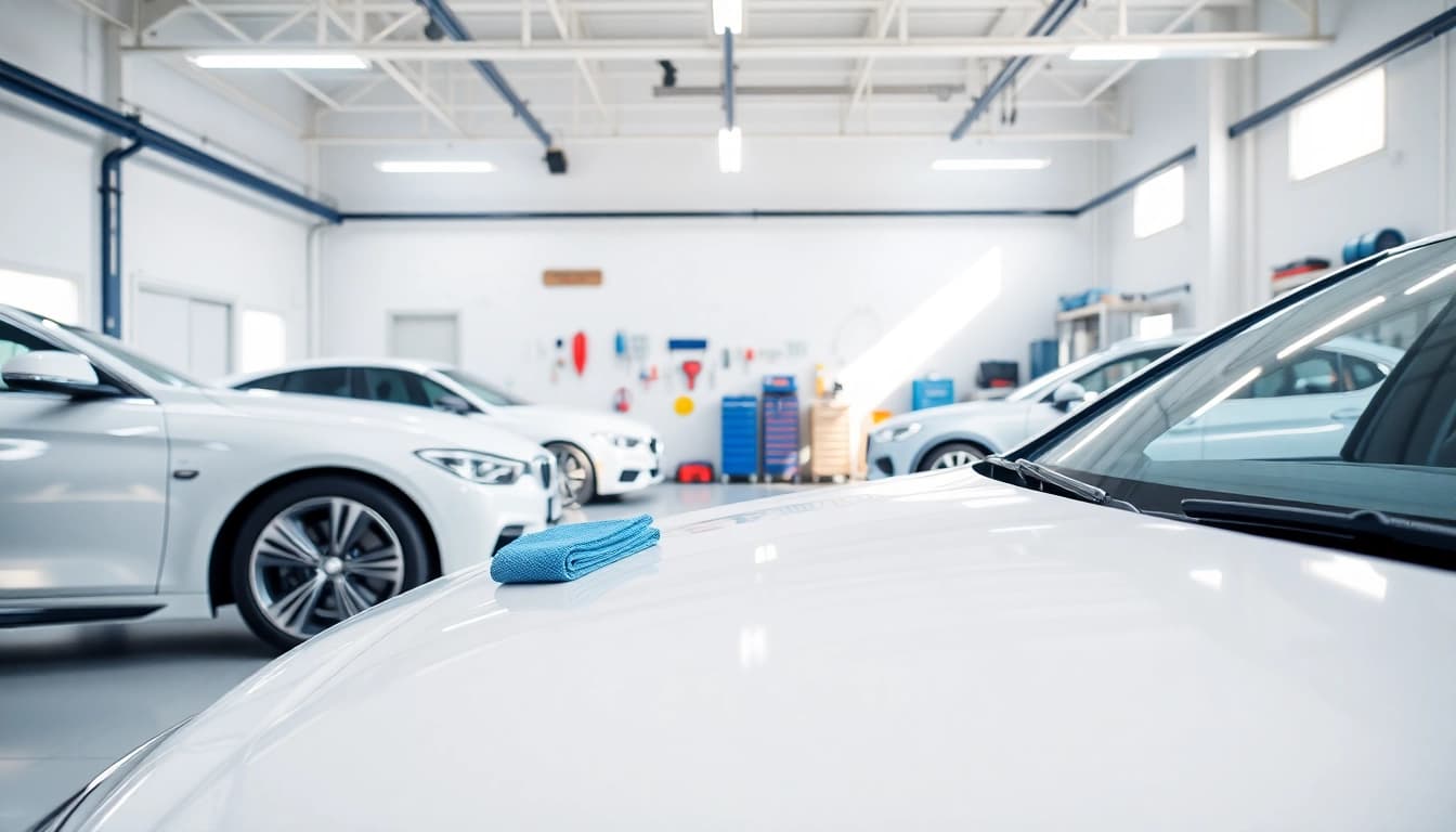 Showcasing car detailing near me with a clean garage, vibrant light, and professional tools.
