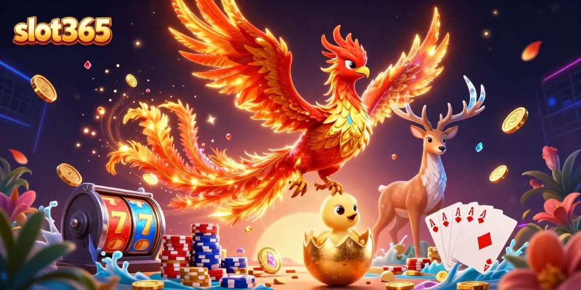 Experience thrilling wins at slot365 with a vibrant scene of a phoenix and lucky slot machines.
