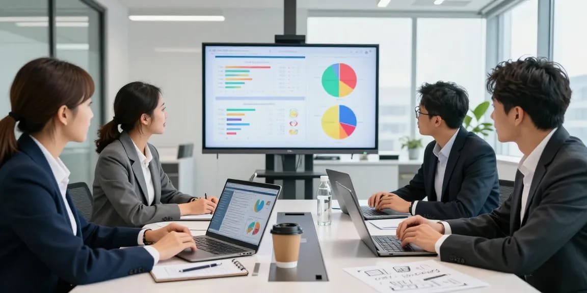 Business professionals analyzing EE vs Three business plans during a meeting to improve corporate decisions.