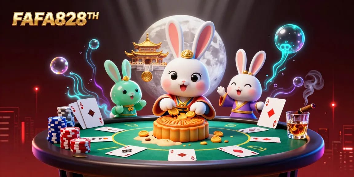 Experience the excitement of FAFA828TH with cartoon rabbits enjoying poker chips and casino fun on the moon.