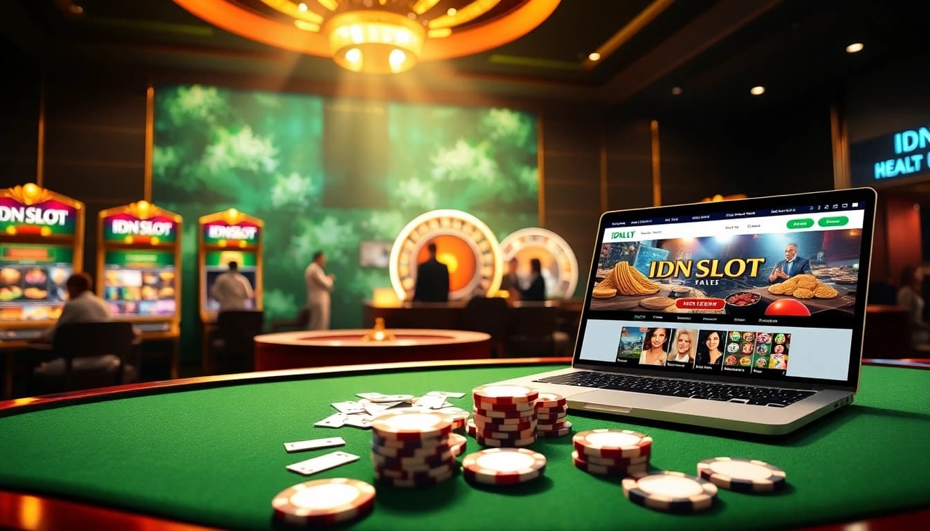 Excited players engaging with the idnslot online gaming interface at a luxurious casino.