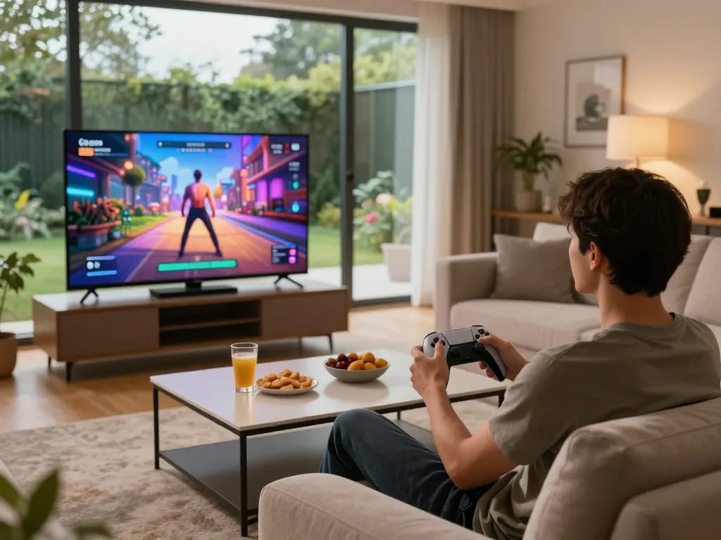 Engaged player enjoying a real porn game in a cozy living room setting.
