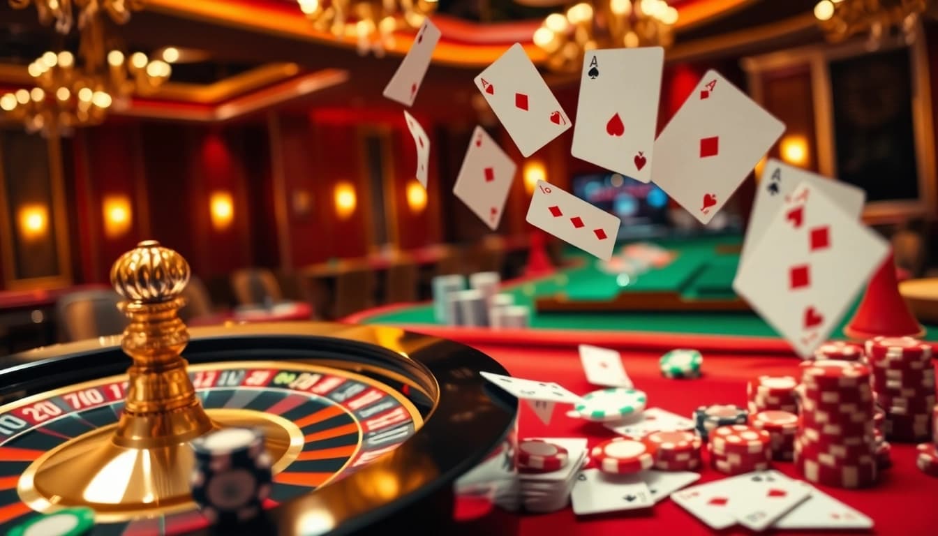Scène captivante de casino en ligne argent réel France avec une roulette et des jetons de poker.