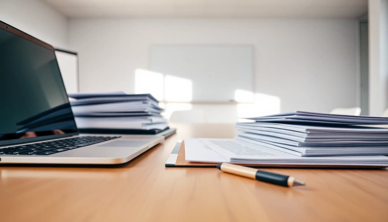 Crafting a proposal for writing and management with organized documents on a desk.