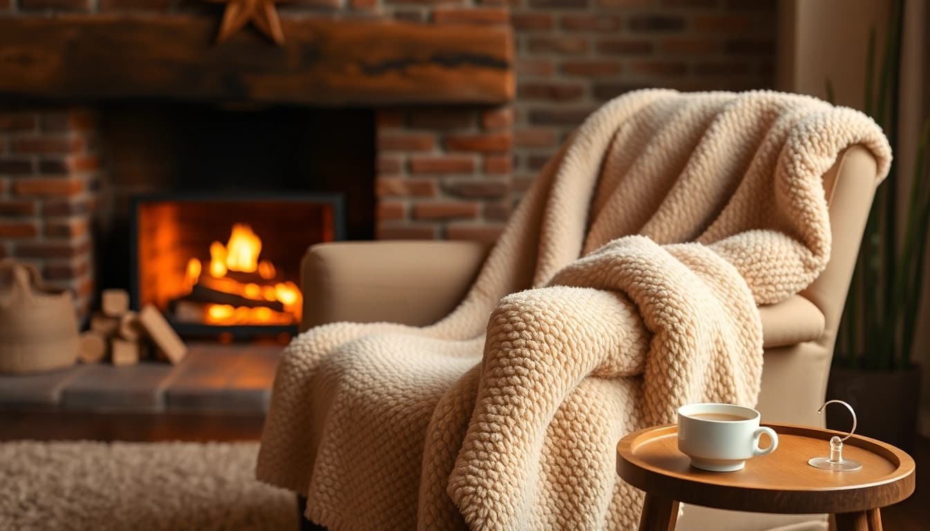 Geniet van een warme fleece deken op een comfortabele stoel bij de open haard.