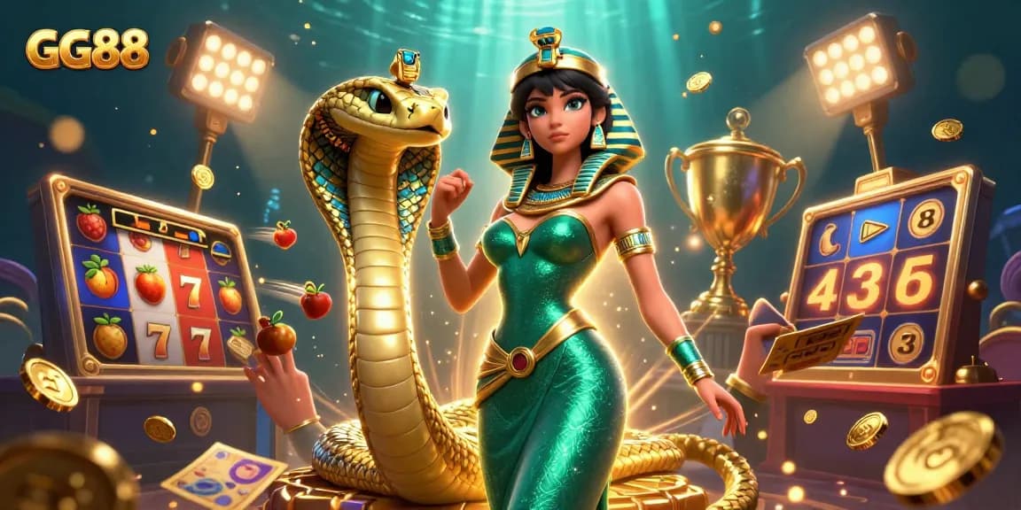 Experience thrilling wins at GG88 with vibrant slot reels, golden trophies, and captivating characters.