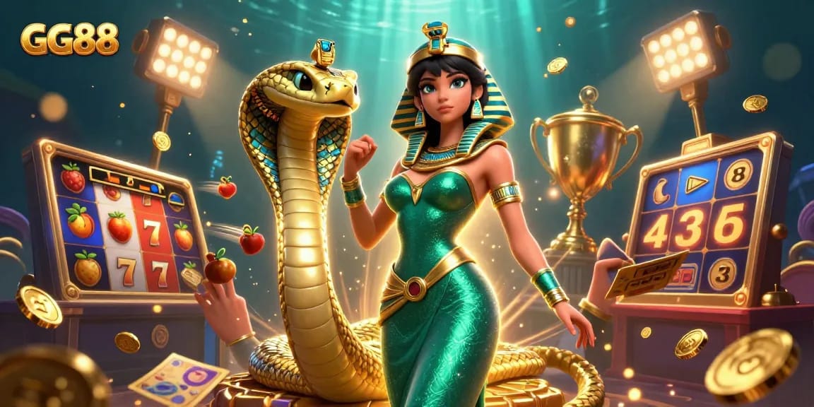 Experience thrilling wins at GG88 with vibrant slot reels, golden trophies, and captivating characters.