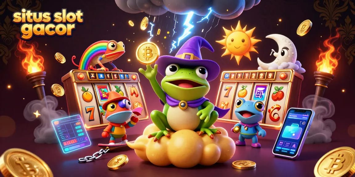 Spin the reels and win with situs slot gacor featuring a colorful wizard frog and chameleon in an exciting casino scene.