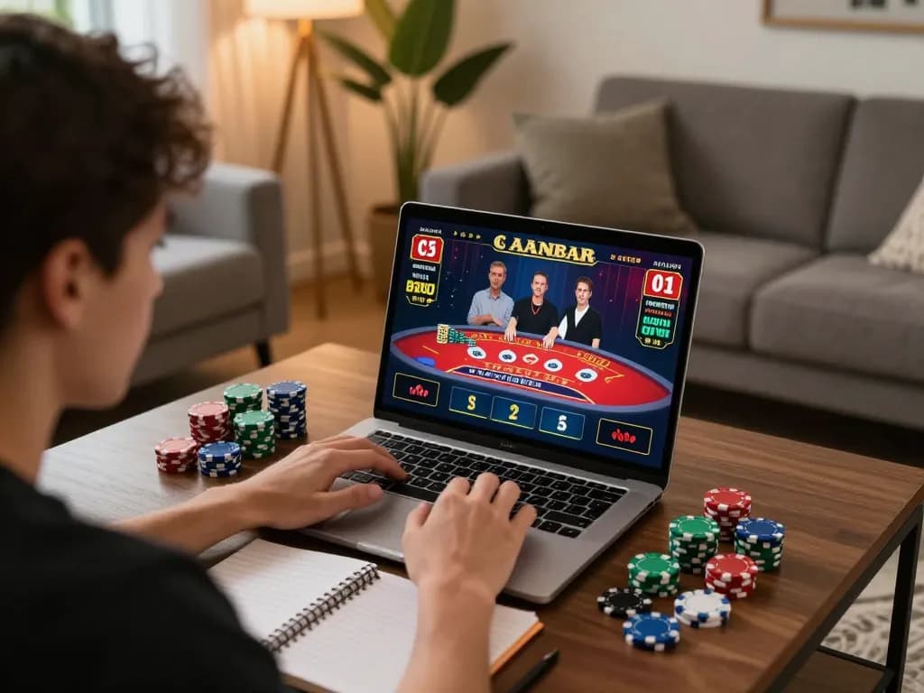 Engaging player focusing on online casinos in Canada gameplay wearing casual attire, with blackjack on laptop screen.