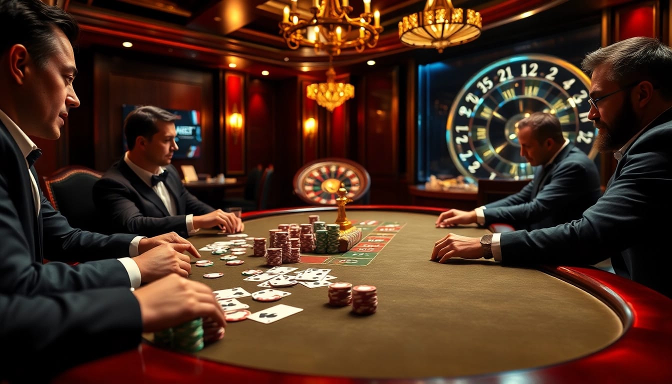 Jeu intense à une table de poker de haute mise dans un environnement de casino de luxe, représentant l'excitation du site de casino en ligne.