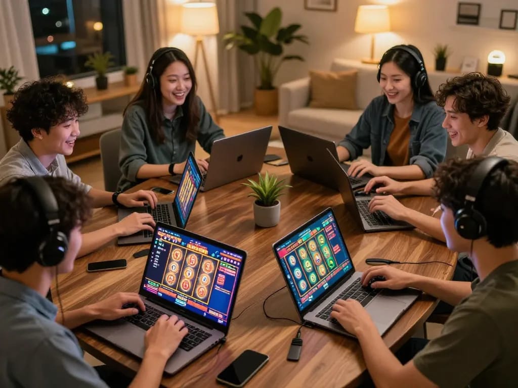 Playing link slot kamboja online in a cozy home setting with vibrant screens and engaged players