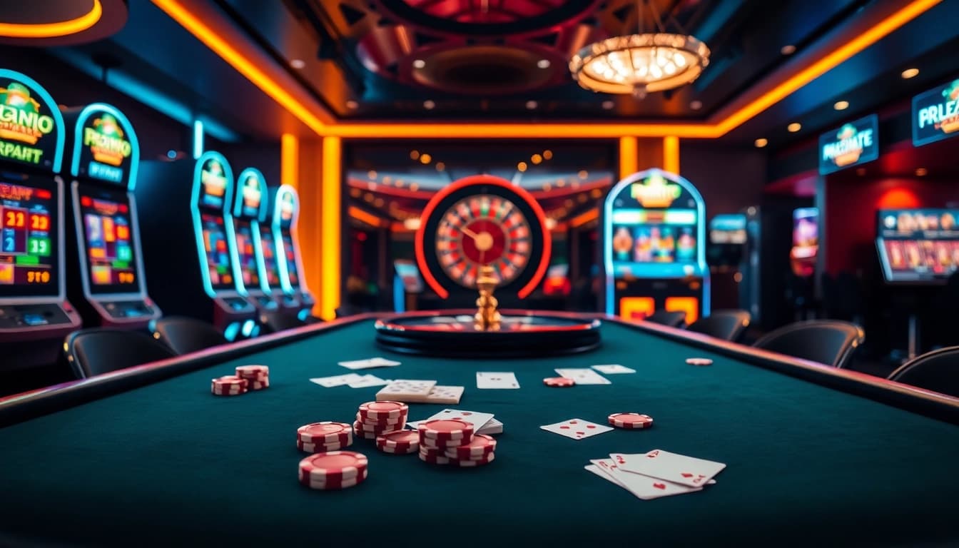 Vue captivante d'un casino en ligne français luxueux avec des machines à sous vibrantes et une configuration de poker élégante.