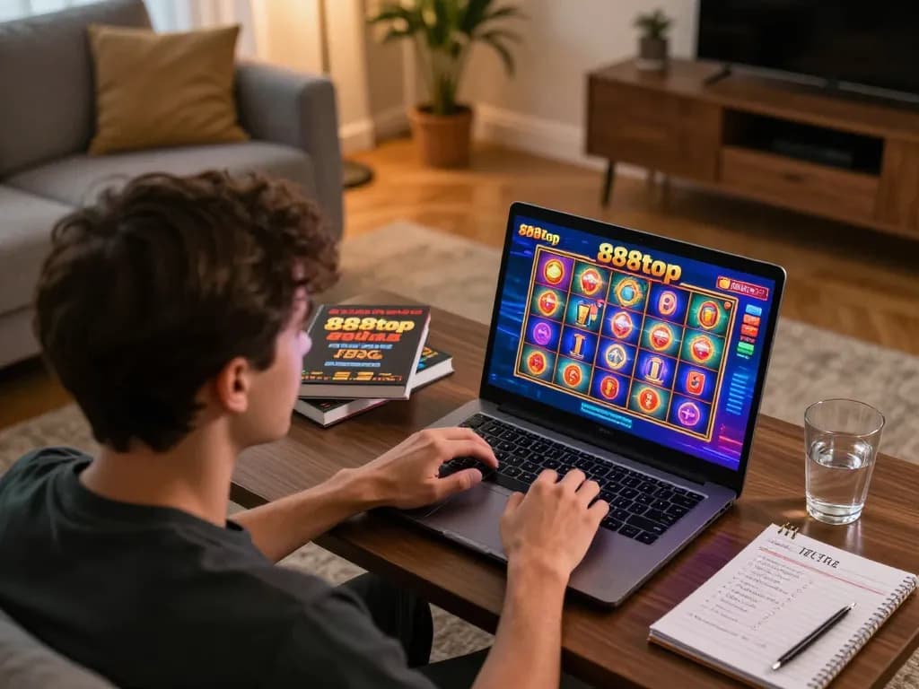 Gamer enjoying online slot games on 888top with vibrant visuals and strategic betting setup in cozy living room.