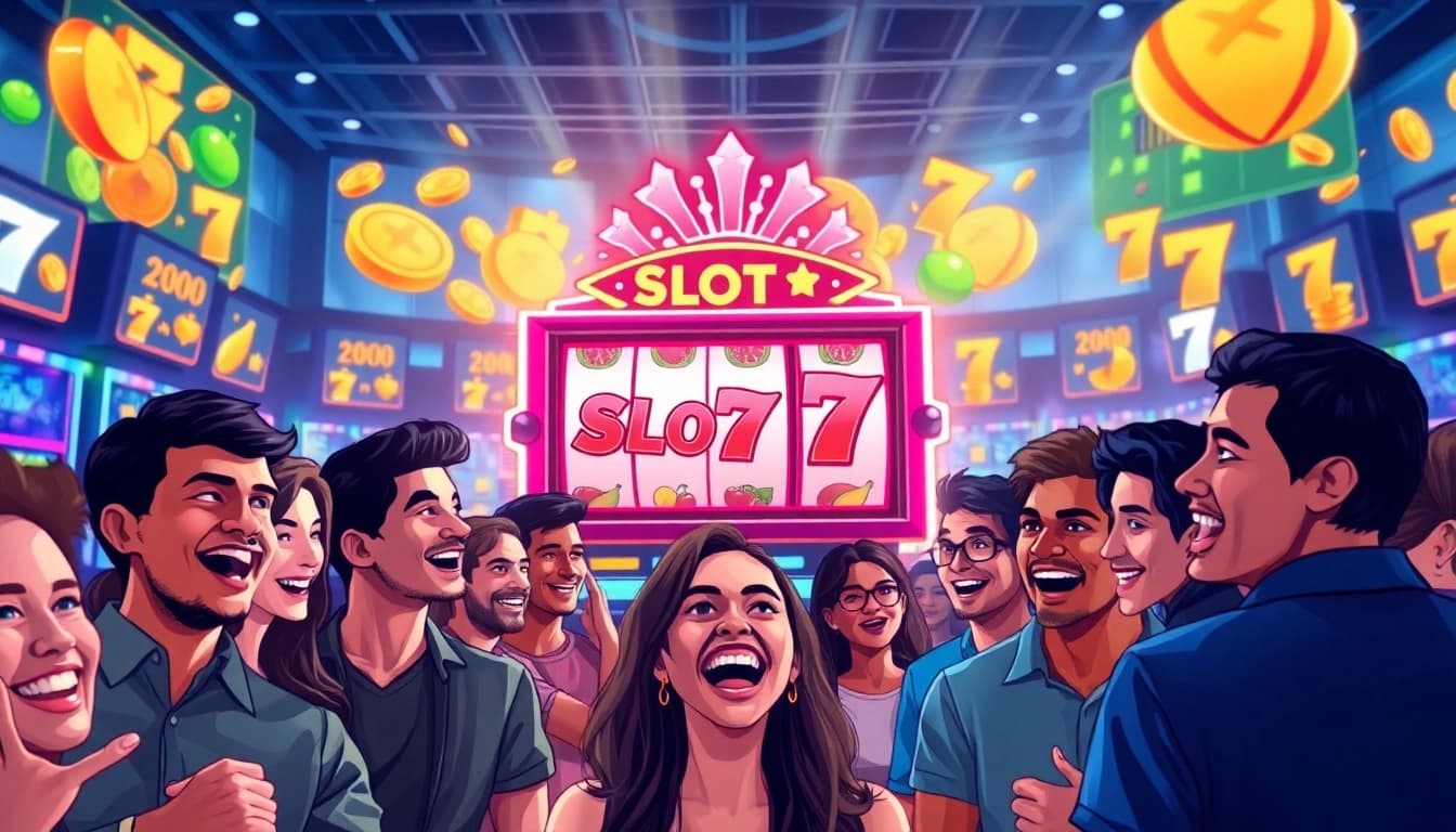 Main focus on Slot77 in an energetic gaming environment where players are engaged.